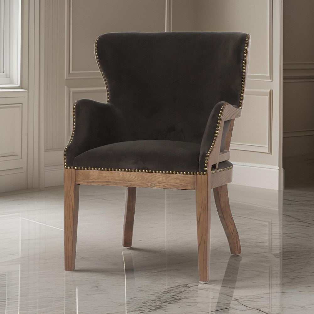 Benjara 26 Inch Wingback Armchair, Fabric Upholstered, Birch Wood, Black, Brown