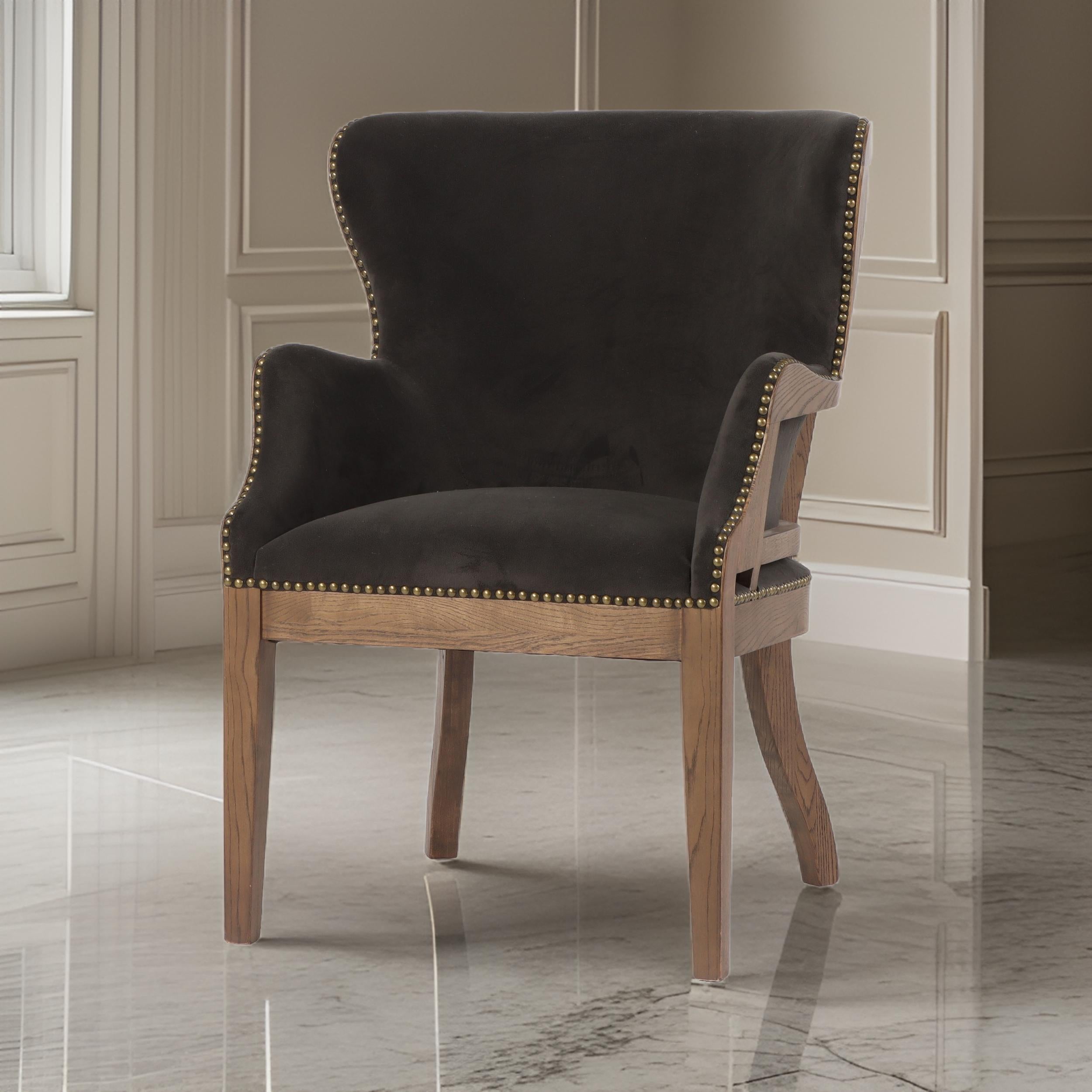 Benjara 26 Inch Wingback Armchair, Fabric Upholstered, Birch Wood, Black, Brown
