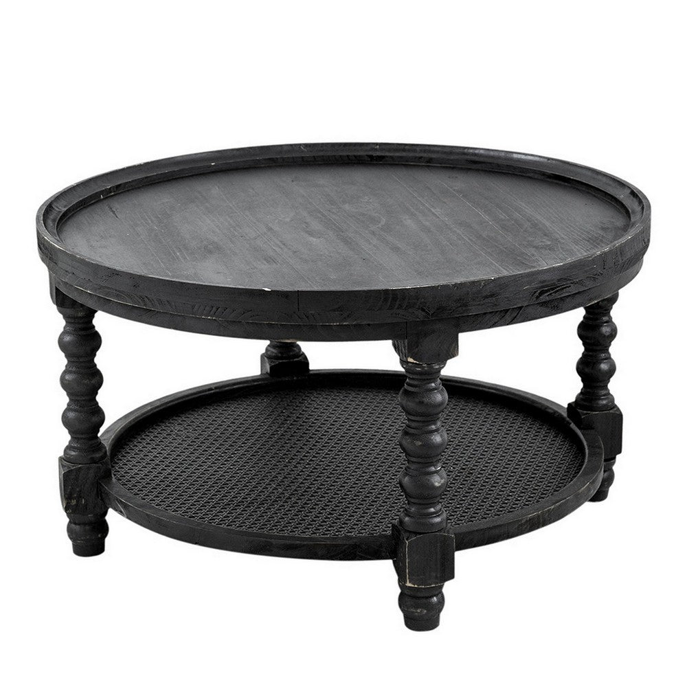 Benjara Jake 30 Inch Coffee Table, Fir Wood, Lower Tier Woven Wicker Shelf, Black