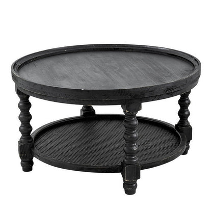 Benjara Jake 30 Inch Coffee Table, Fir Wood, Lower Tier Woven Wicker Shelf, Black