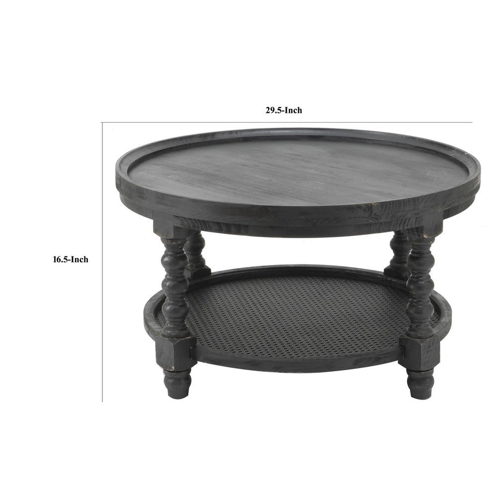 Benjara Jake 30 Inch Coffee Table, Fir Wood, Lower Tier Woven Wicker Shelf, Black
