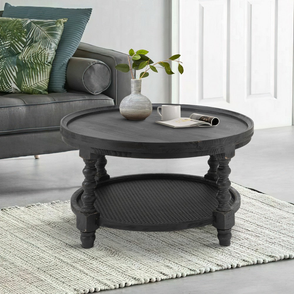 Benjara Jake 30 Inch Coffee Table, Fir Wood, Lower Tier Woven Wicker Shelf, Black