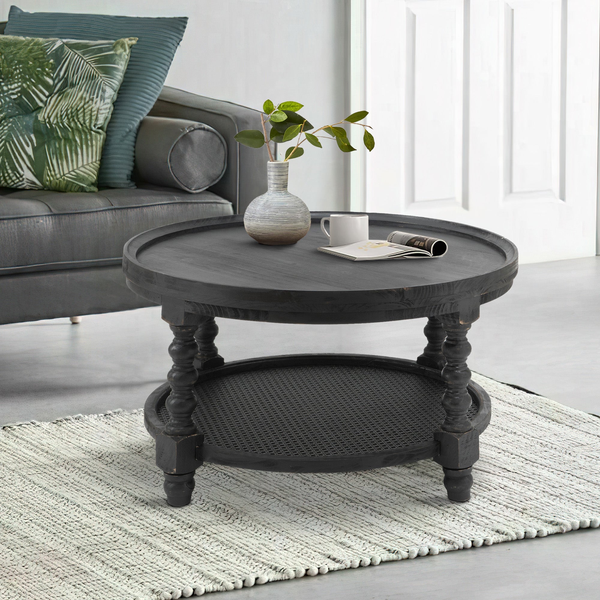 Benjara Jake 30 Inch Coffee Table, Fir Wood, Lower Tier Woven Wicker Shelf, Black