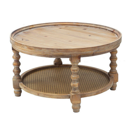 Benjara Jake 30 Inch Coffee Table, Fir Wood, Lower Tier Woven Wicker Shelf, Brown