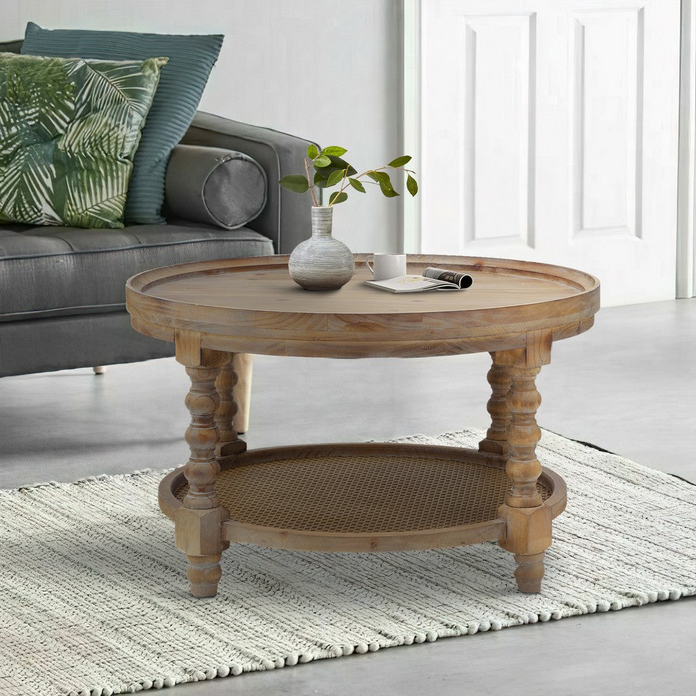 Benjara Jake 30 Inch Coffee Table, Fir Wood, Lower Tier Woven Wicker Shelf, Brown