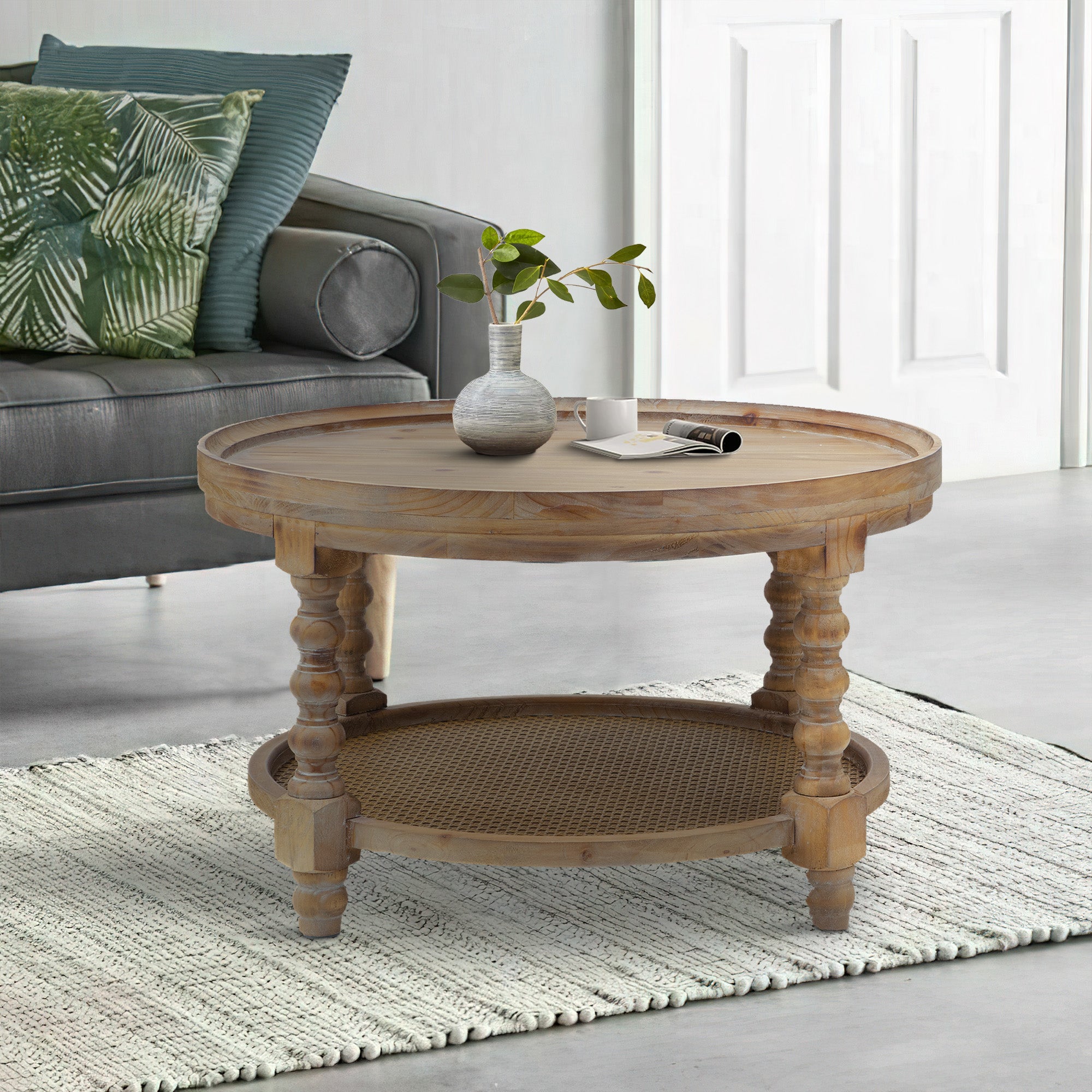 Benjara Jake 30 Inch Coffee Table, Fir Wood, Lower Tier Woven Wicker Shelf, Brown