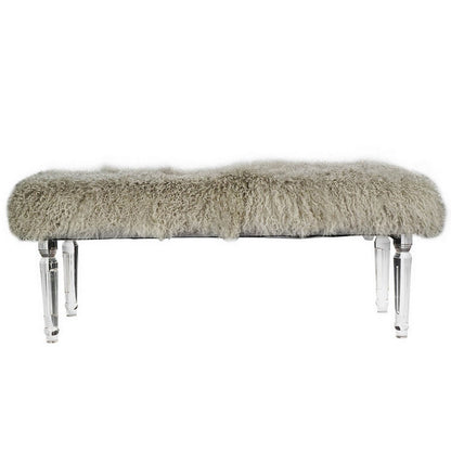 Benjara 49 Inch Accent Bench, Faux Fur Seat, Clear Acrylic Legs, Smooth Rich Brown