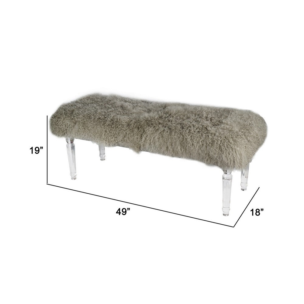 Benjara 49 Inch Accent Bench, Faux Fur Seat, Clear Acrylic Legs, Smooth Rich Brown