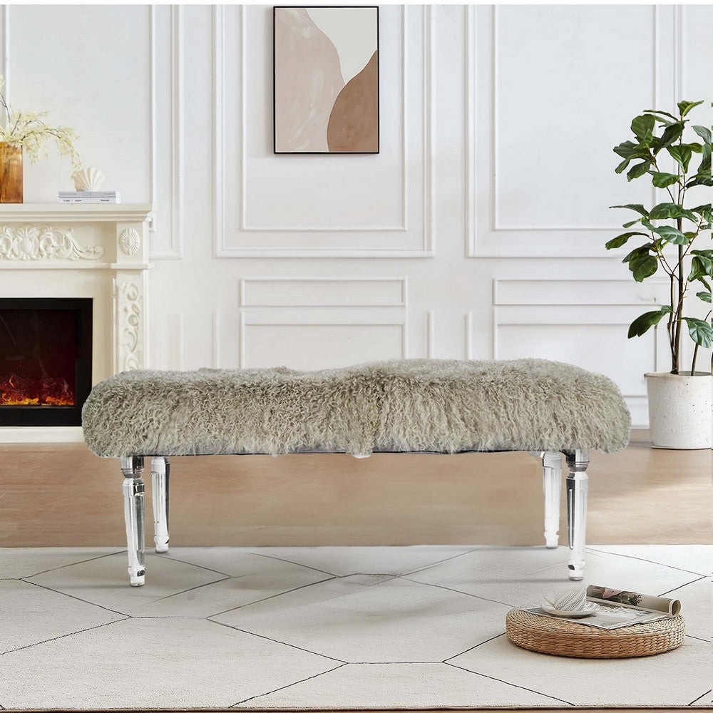Benjara 49 Inch Accent Bench, Faux Fur Seat, Clear Acrylic Legs, Smooth Rich Brown