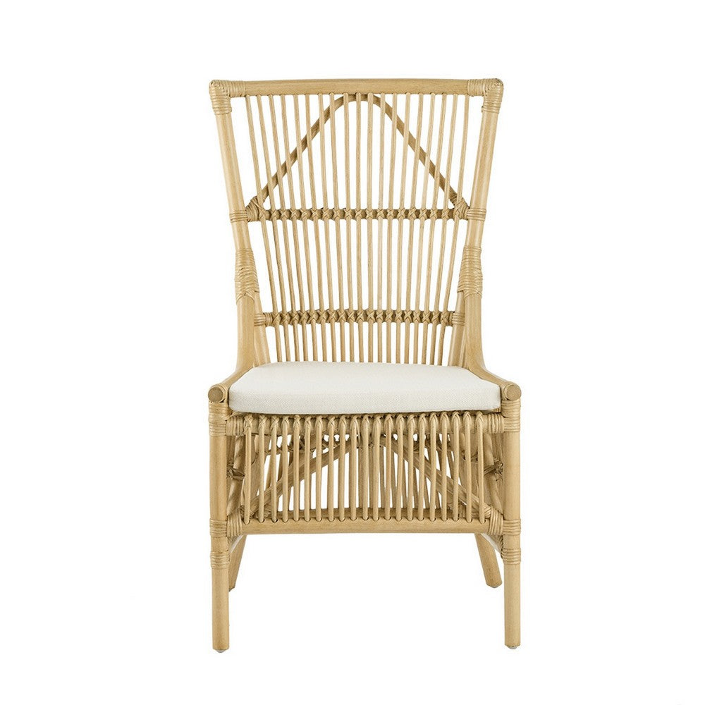 Benjara 23 Inch Rattan Dining Side Chair, Soft Padded Seat, Natural Brown, White