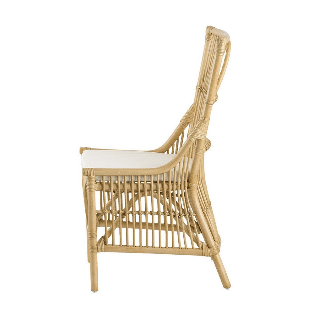Benjara 23 Inch Rattan Dining Side Chair, Soft Padded Seat, Natural Brown, White