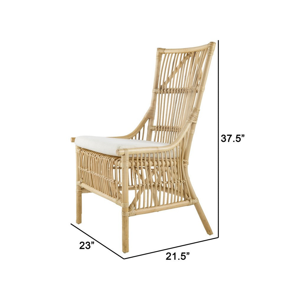 Benjara 23 Inch Rattan Dining Side Chair, Soft Padded Seat, Natural Brown, White