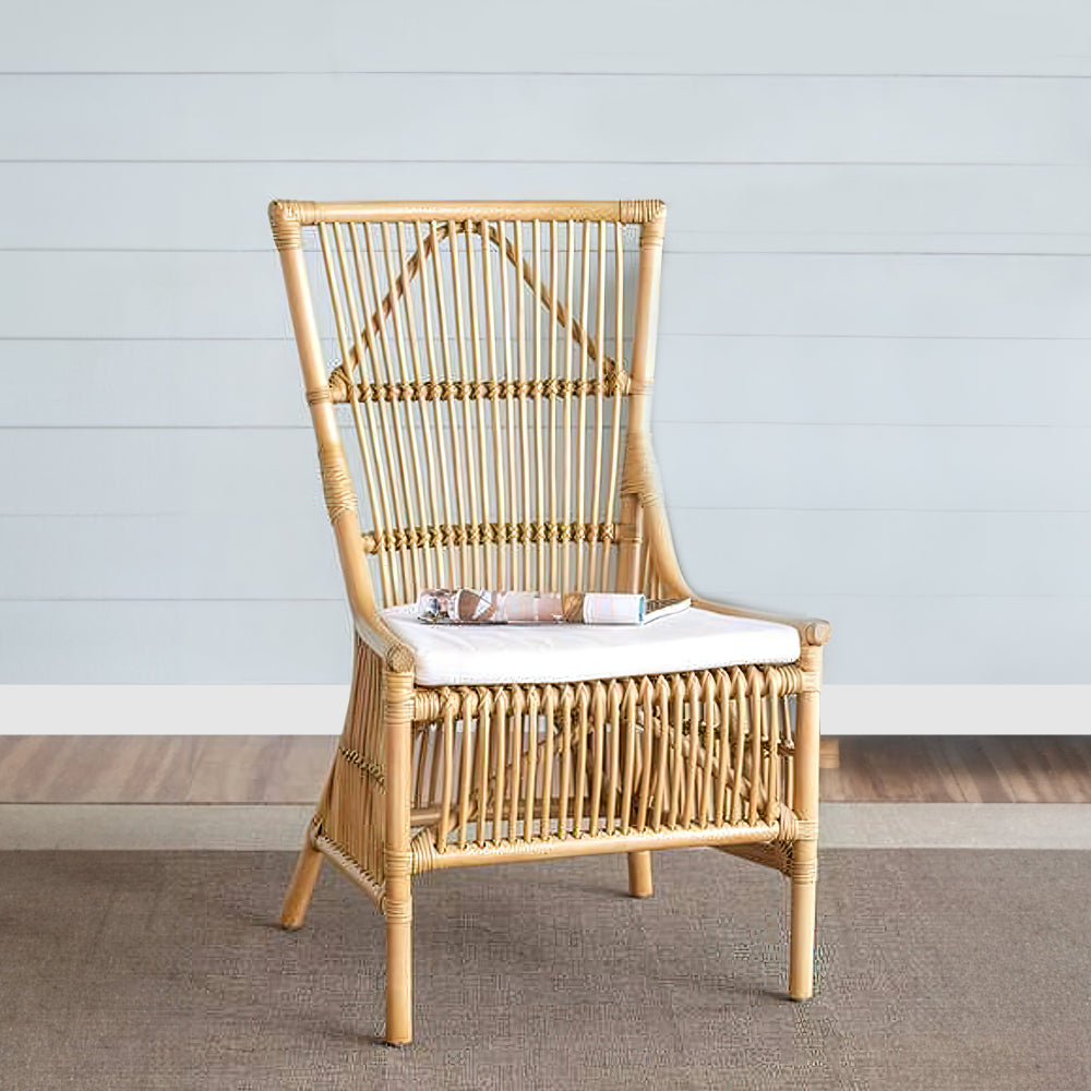 Benjara 23 Inch Rattan Dining Side Chair, Soft Padded Seat, Natural Brown, White
