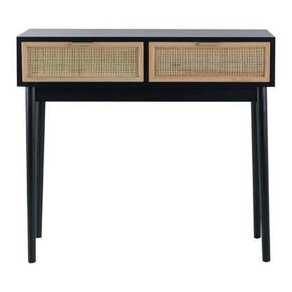 Benjara Ela 35 Inch 2 Drawer Wood Console Table, Woven Rattan Panels, Brown, Black