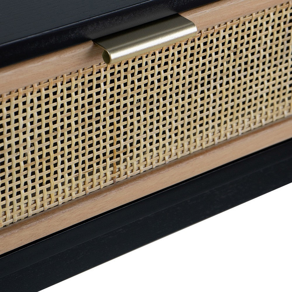 Benjara Ela 35 Inch 2 Drawer Wood Console Table, Woven Rattan Panels, Brown, Black