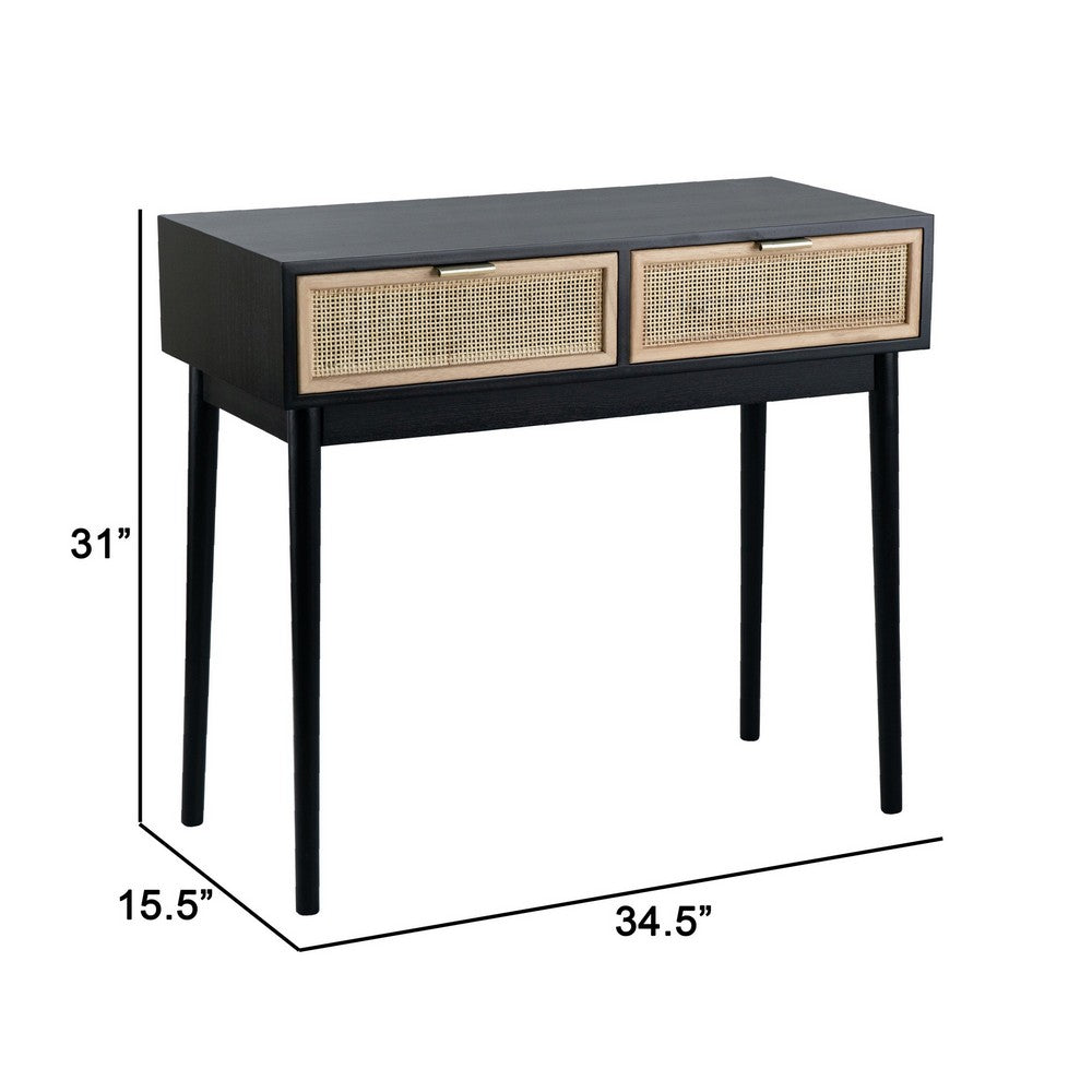 Benjara Ela 35 Inch 2 Drawer Wood Console Table, Woven Rattan Panels, Brown, Black