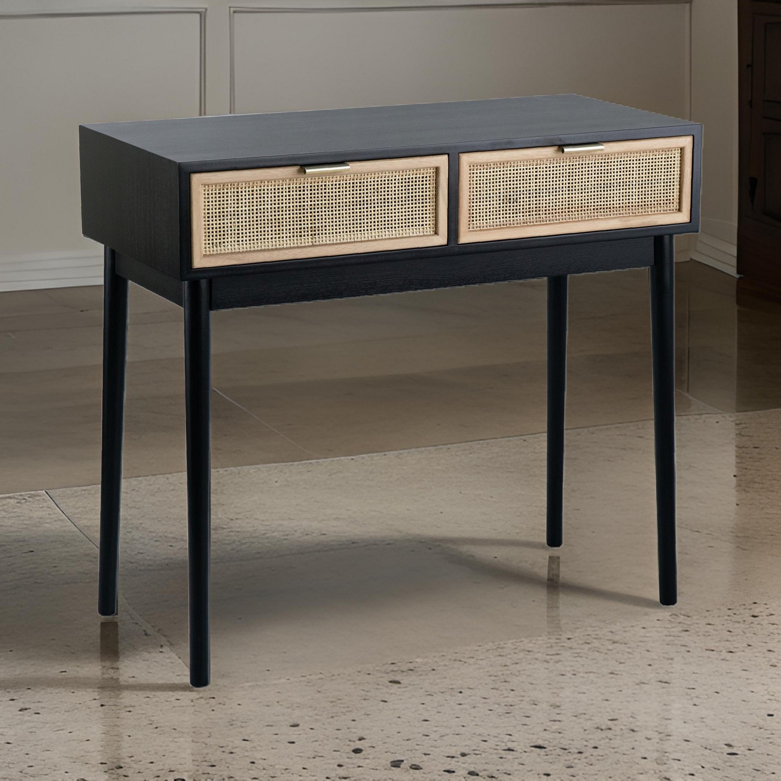 Benjara Ela 35 Inch 2 Drawer Wood Console Table, Woven Rattan Panels, Brown, Black