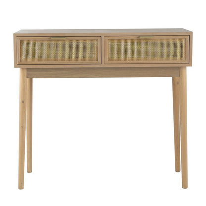 Benjara Ela 35 Inch 2 Drawer Wood Console Table, Woven Rattan Panels, Natural Brown