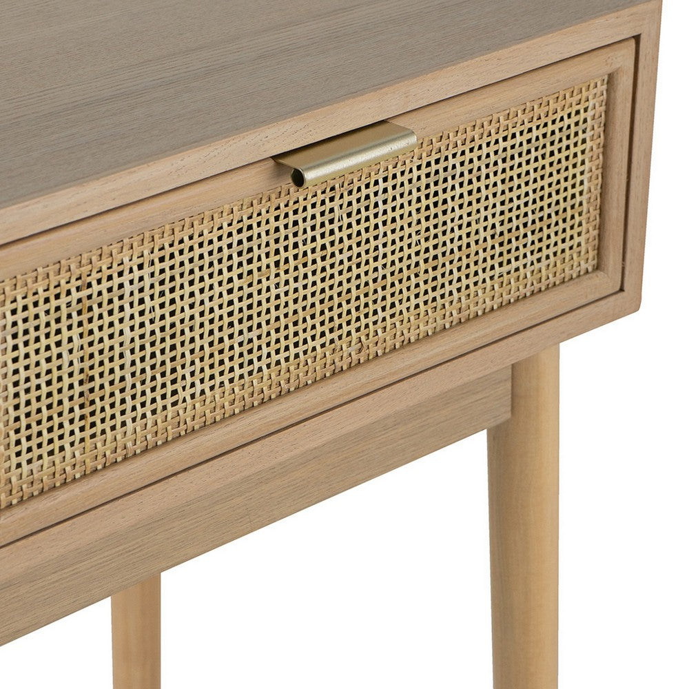 Benjara Ela 35 Inch 2 Drawer Wood Console Table, Woven Rattan Panels, Natural Brown