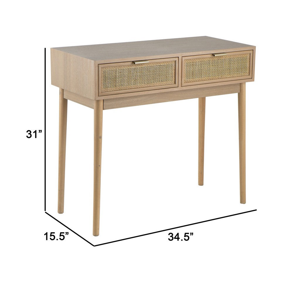 Benjara Ela 35 Inch 2 Drawer Wood Console Table, Woven Rattan Panels, Natural Brown