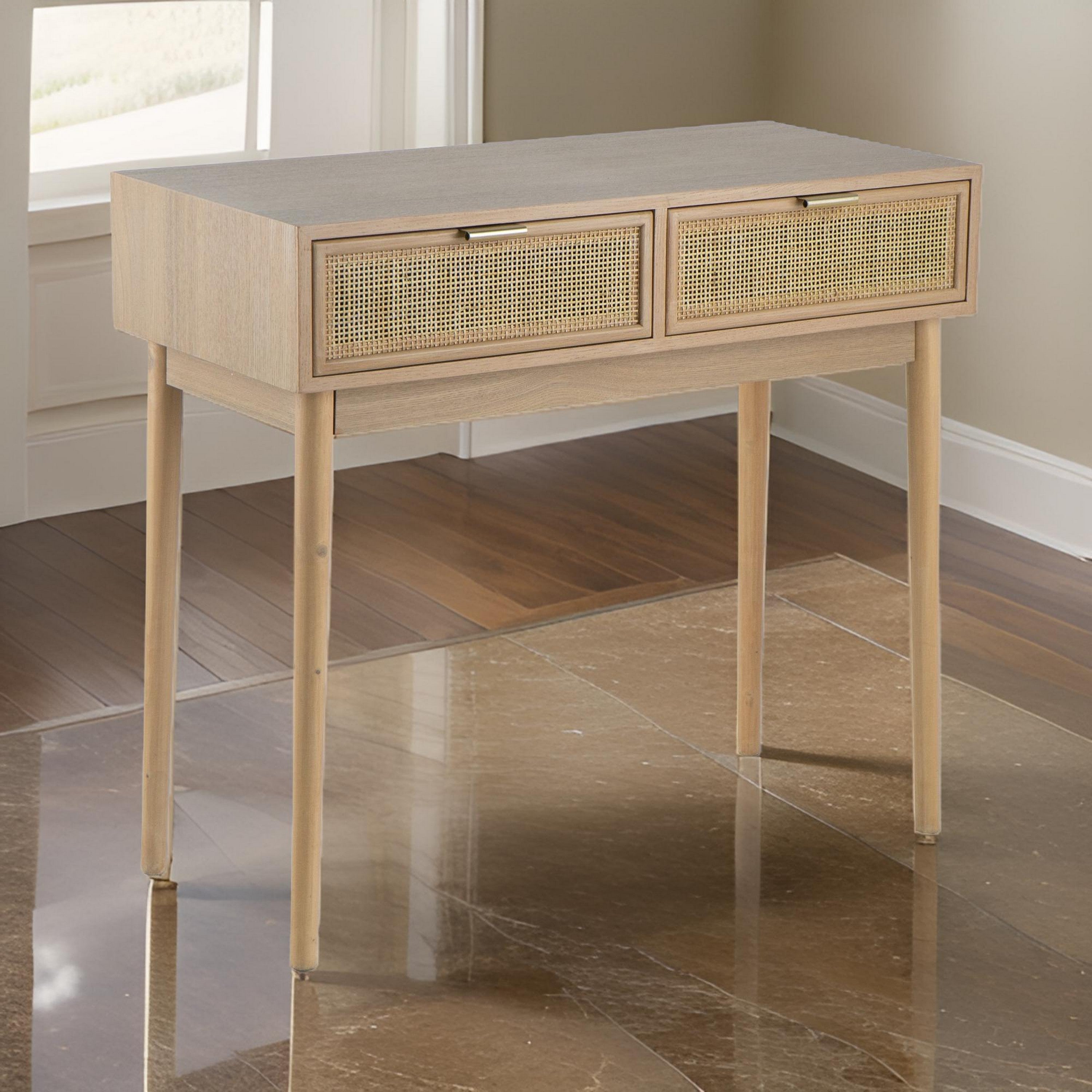 Benjara Ela 35 Inch 2 Drawer Wood Console Table, Woven Rattan Panels, Natural Brown