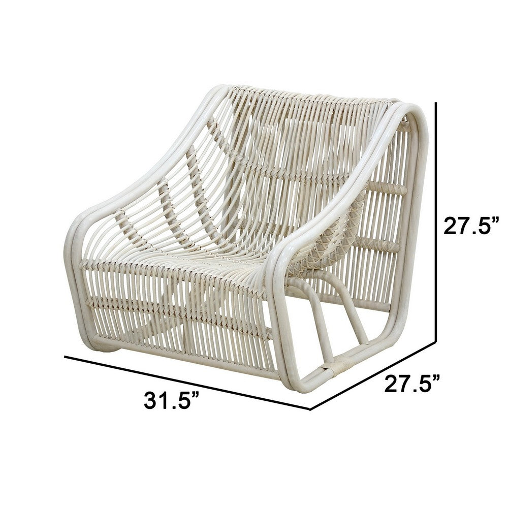 Benjara 32 Inch Accent Chair, Woven Wicker, Curved Back, Sleigh Base, Modern, White