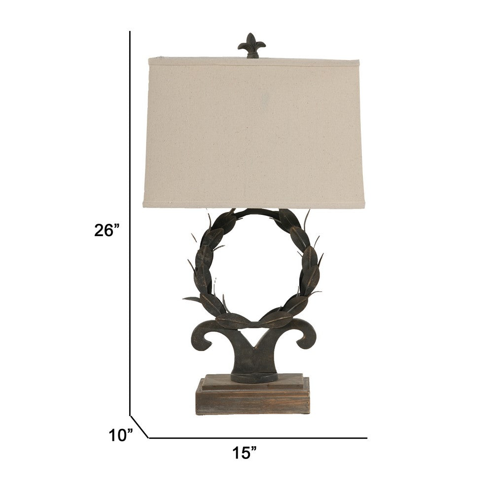 Benjara 26 Inch Artisanal Table Lamp, Laurel Wreath Iron Frame, Off White, Black