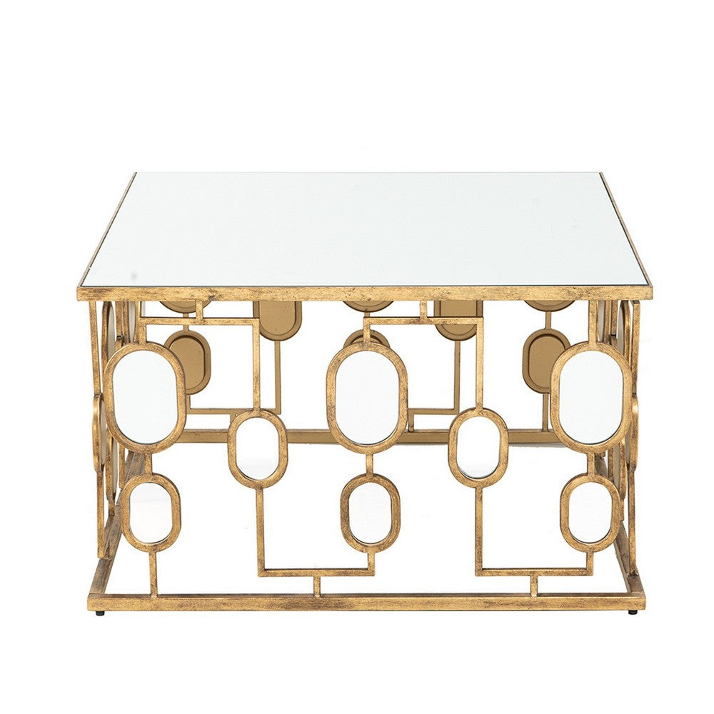Benjara 32 Inch Coffee Table, Mirror Top, Geometric Patterns, Iron, Modern, Gold