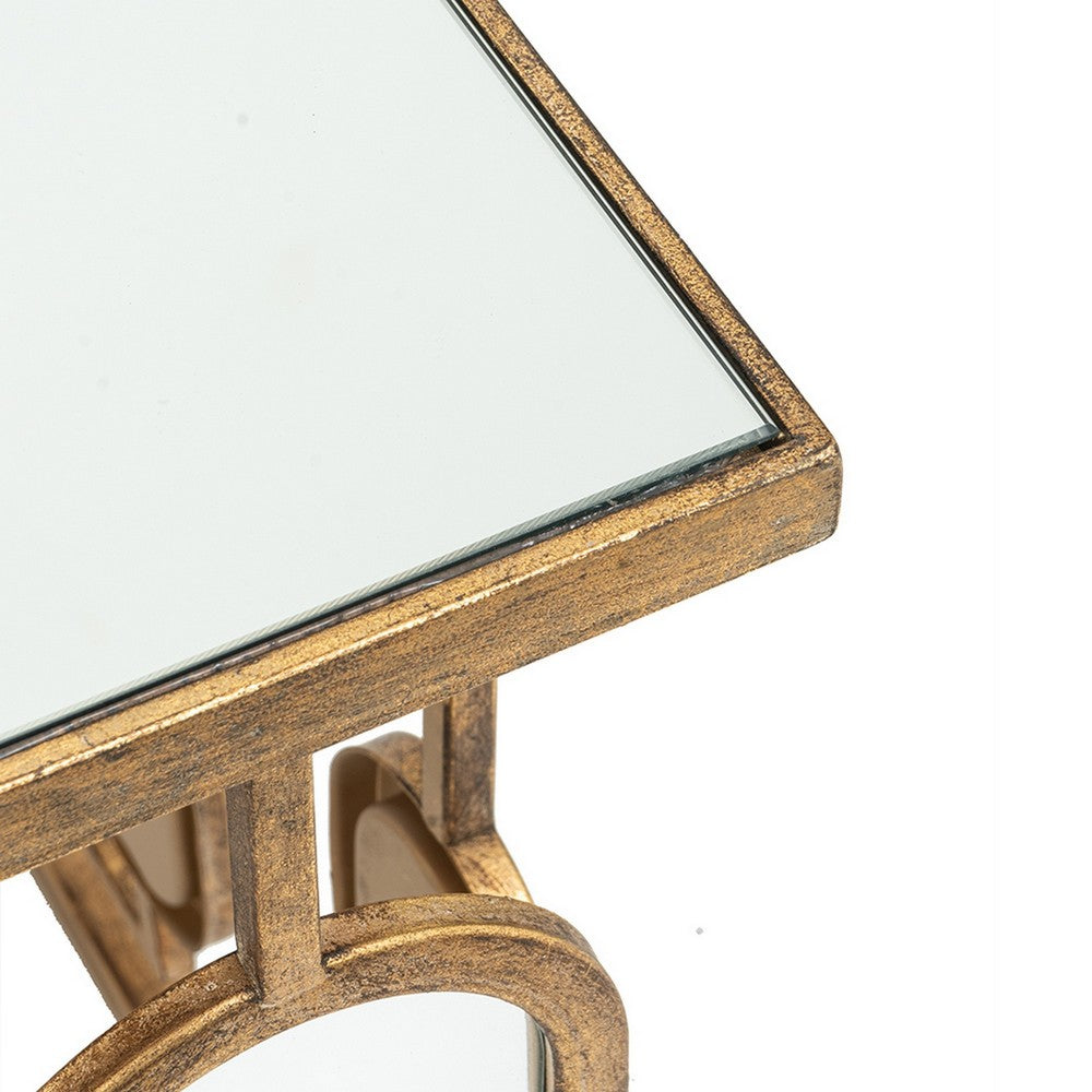 Benjara 32 Inch Coffee Table, Mirror Top, Geometric Patterns, Iron, Modern, Gold