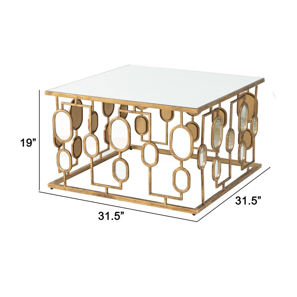 Benjara 32 Inch Coffee Table, Mirror Top, Geometric Patterns, Iron, Modern, Gold