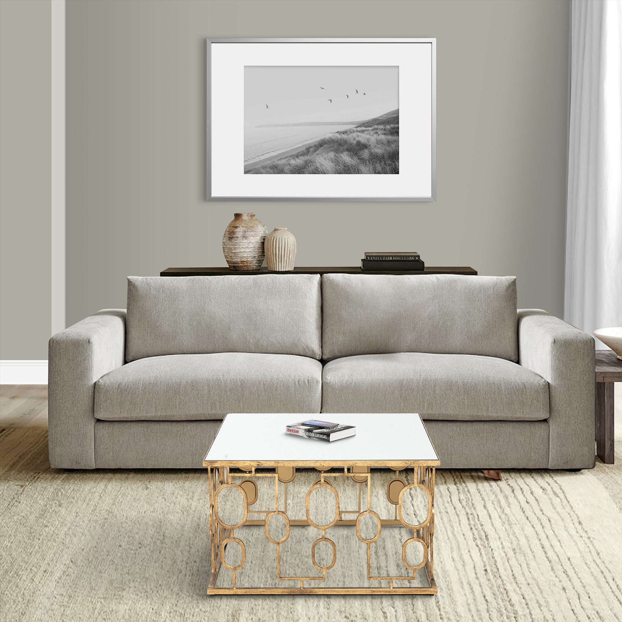 Benjara 32 Inch Coffee Table, Mirror Top, Geometric Patterns, Iron, Modern, Gold