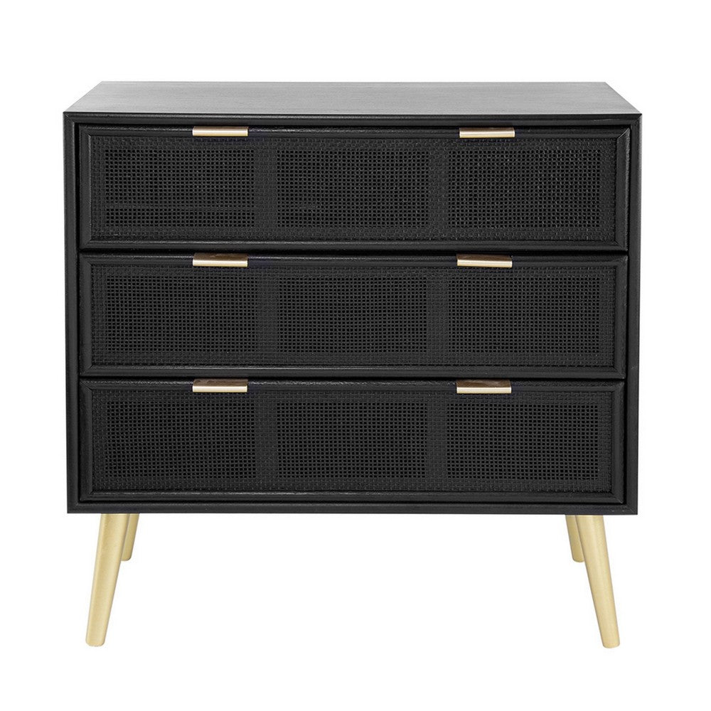Benjara 31 Inch Dresser Chest Cabinet, 3 Drawers, Woven Rattan, Modern, Black, Gold