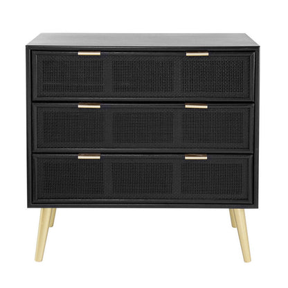 Benjara 31 Inch Dresser Chest Cabinet, 3 Drawers, Woven Rattan, Modern, Black, Gold