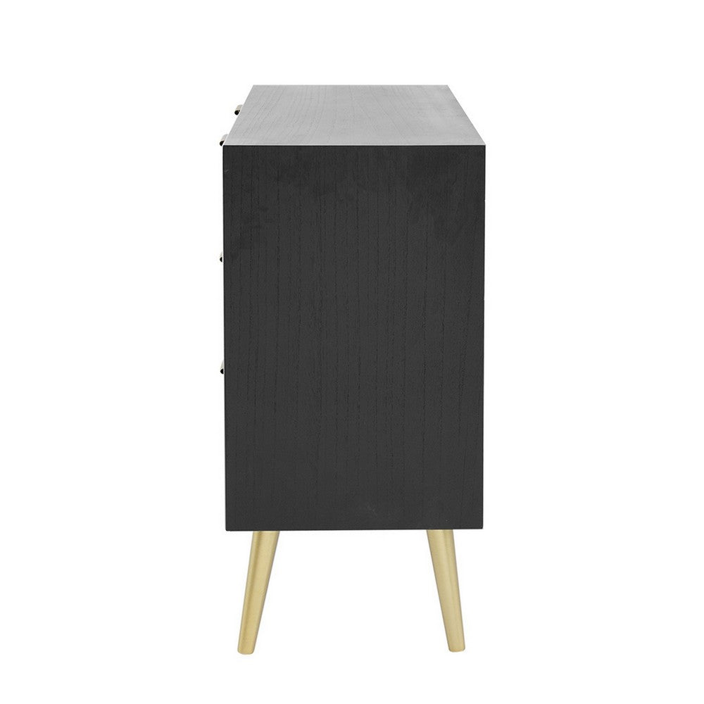 Benjara 31 Inch Dresser Chest Cabinet, 3 Drawers, Woven Rattan, Modern, Black, Gold