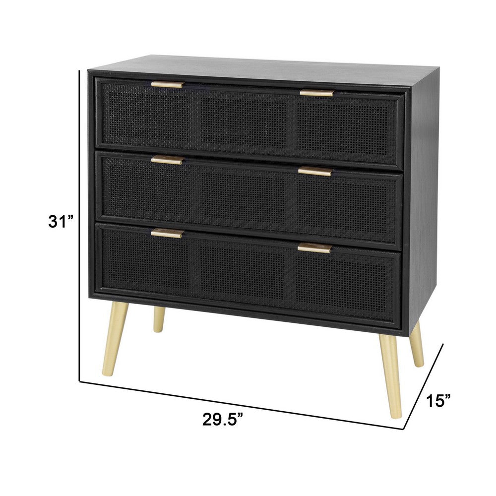 Benjara 31 Inch Dresser Chest Cabinet, 3 Drawers, Woven Rattan, Modern, Black, Gold