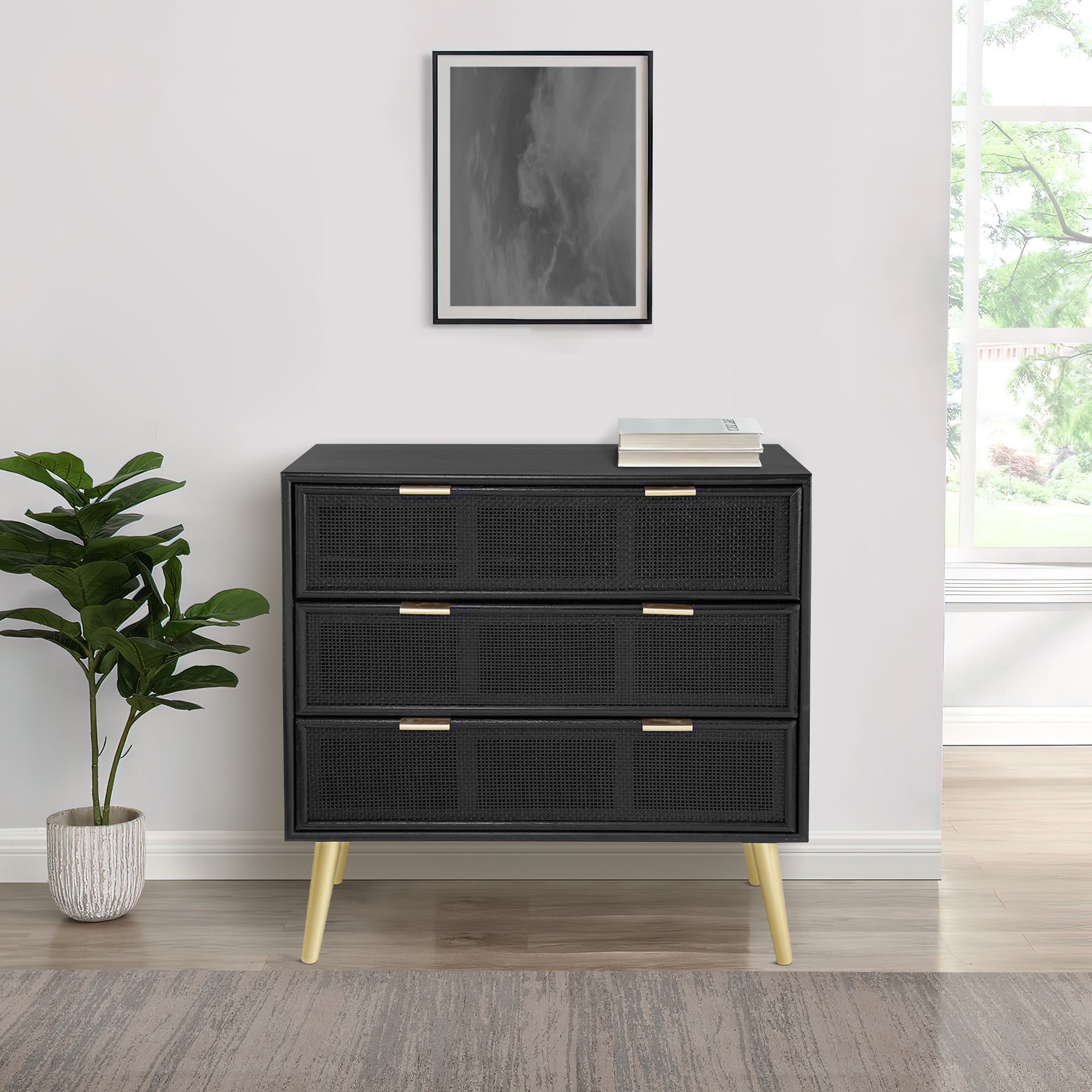 Benjara 31 Inch Dresser Chest Cabinet, 3 Drawers, Woven Rattan, Modern, Black, Gold
