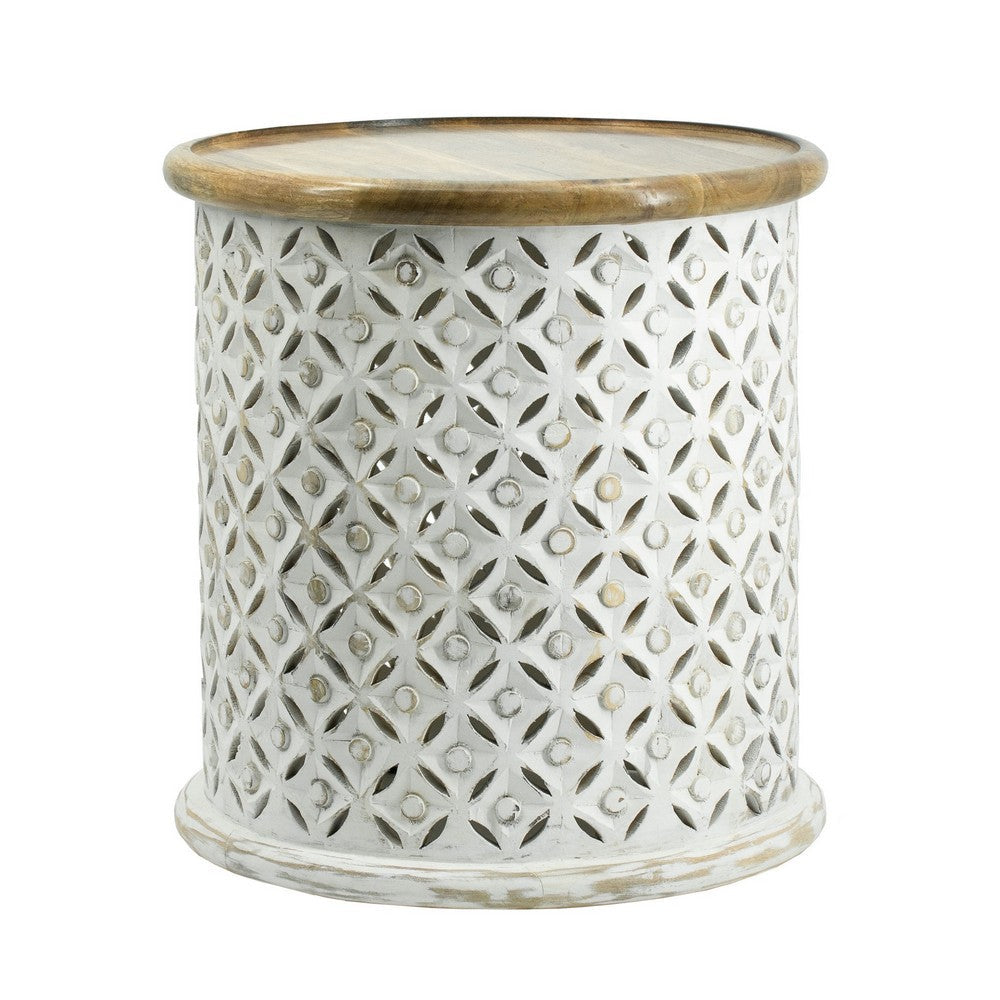 Benjara 18, 16 Inch Accent Tables, Round, Mango Wood, Floral Cut Out, Brown, White