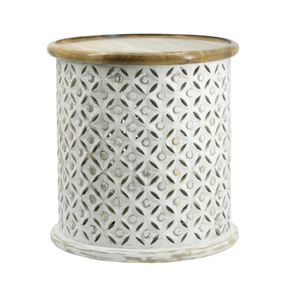 Benjara 18, 16 Inch Accent Tables, Round, Mango Wood, Floral Cut Out, Brown, White