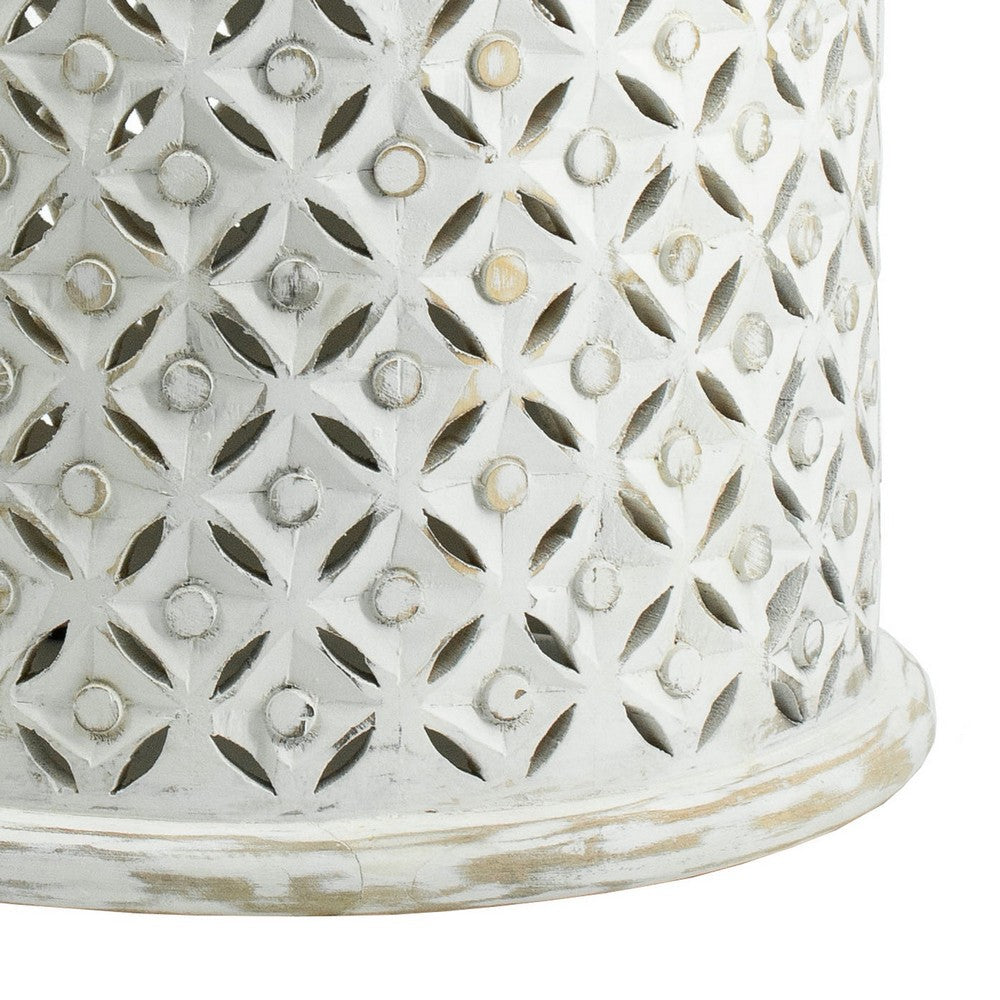 Benjara 18, 16 Inch Accent Tables, Round, Mango Wood, Floral Cut Out, Brown, White