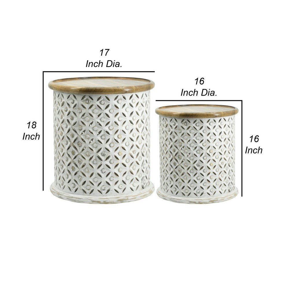 Benjara 18, 16 Inch Accent Tables, Round, Mango Wood, Floral Cut Out, Brown, White