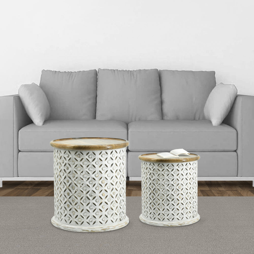Benjara 18, 16 Inch Accent Tables, Round, Mango Wood, Floral Cut Out, Brown, White