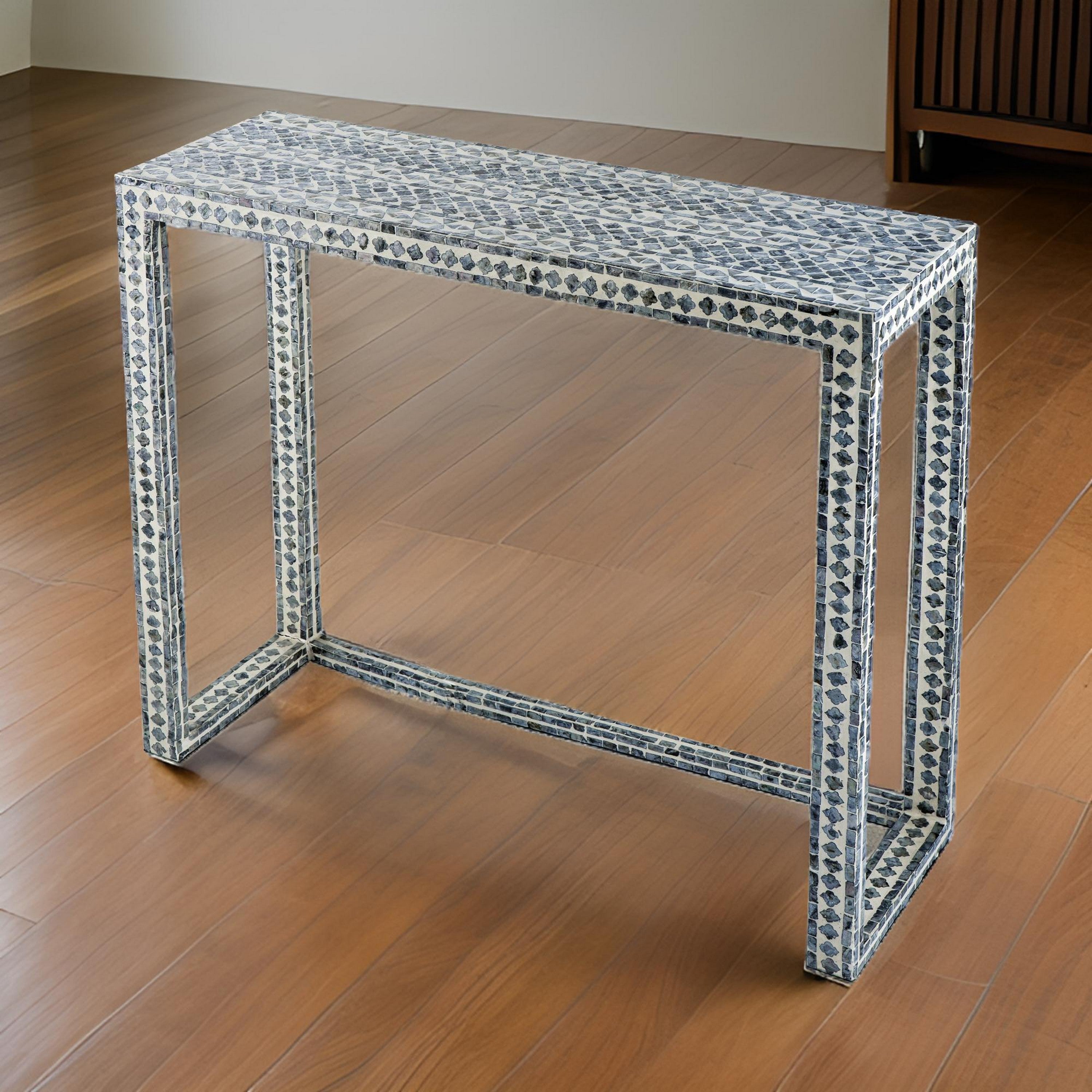 Benjara 36 Inch Accent Console Table, Capiz Shell Inlay, Rectangular, Gray