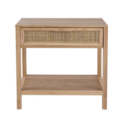 Benjara Rosette 22 Inch Accent Side Table, Rattan Front Drawer, Open Shelf, Natural Brown Mango Wood Frame