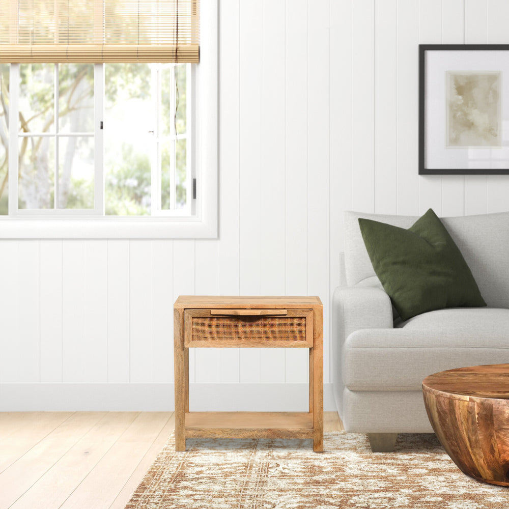 Benjara Rosette 22 Inch Accent Side Table, Rattan Front Drawer, Open Shelf, Natural Brown Mango Wood Frame