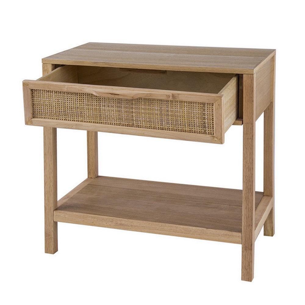 Benjara Rosette 22 Inch Accent Side Table, Rattan Front Drawer, Open Shelf, Natural Brown Mango Wood Frame