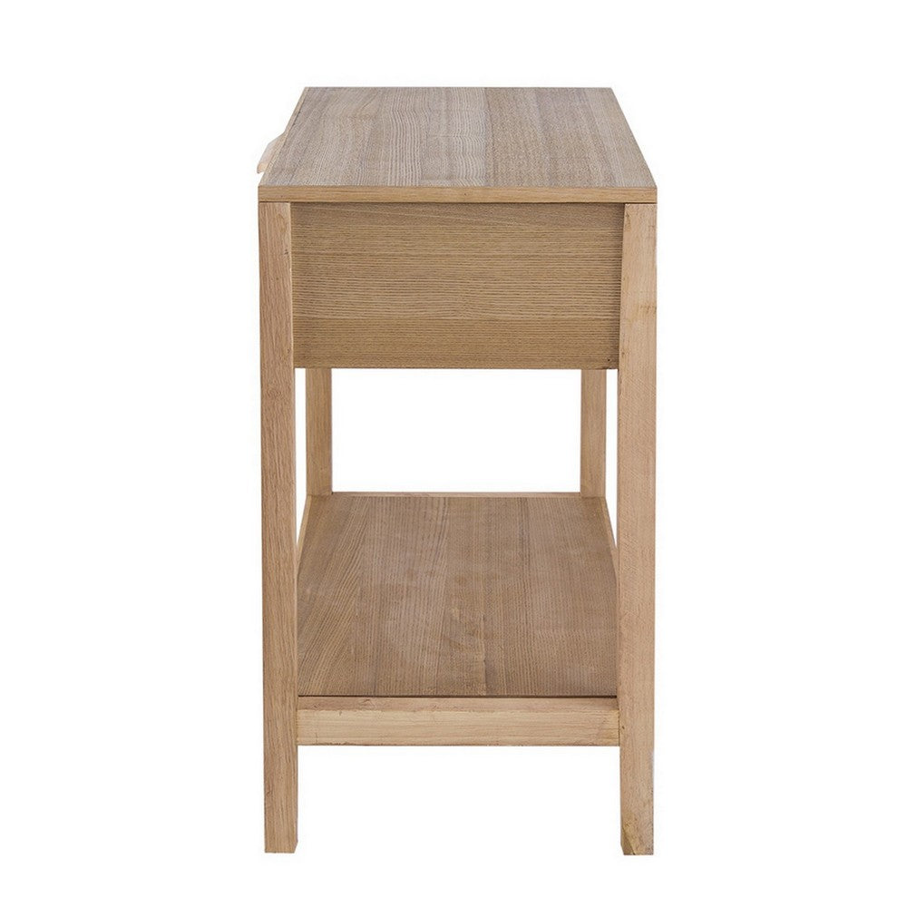 Benjara Rosette 22 Inch Accent Side Table, Rattan Front Drawer, Open Shelf, Natural Brown Mango Wood Frame