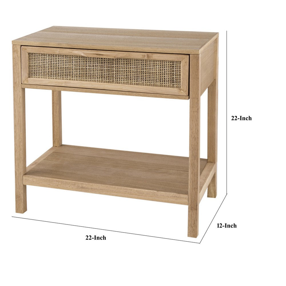 Benjara Rosette 22 Inch Accent Side Table, Rattan Front Drawer, Open Shelf, Natural Brown Mango Wood Frame