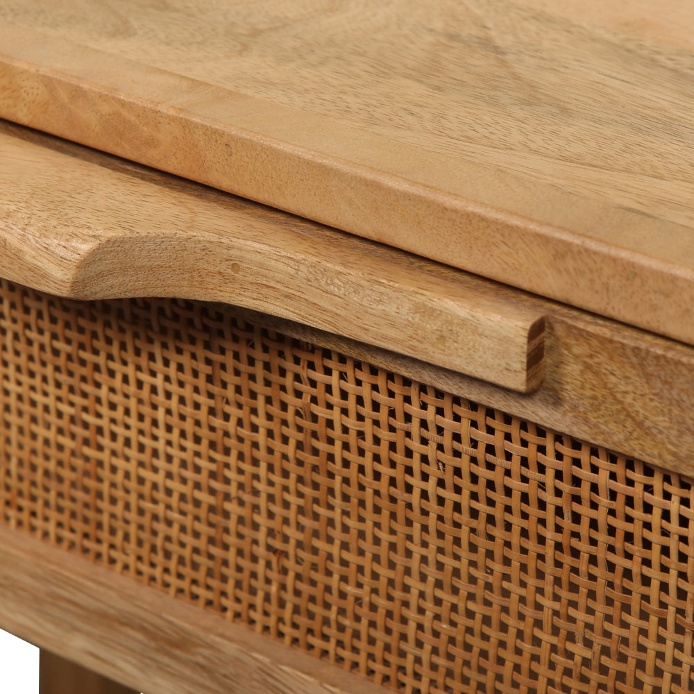 Benjara Rosette 22 Inch Accent Side Table, Rattan Front Drawer, Open Shelf, Natural Brown Mango Wood Frame