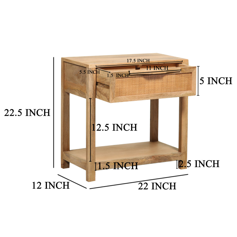 Benjara Rosette 22 Inch Accent Side Table, Rattan Front Drawer, Open Shelf, Natural Brown Mango Wood Frame