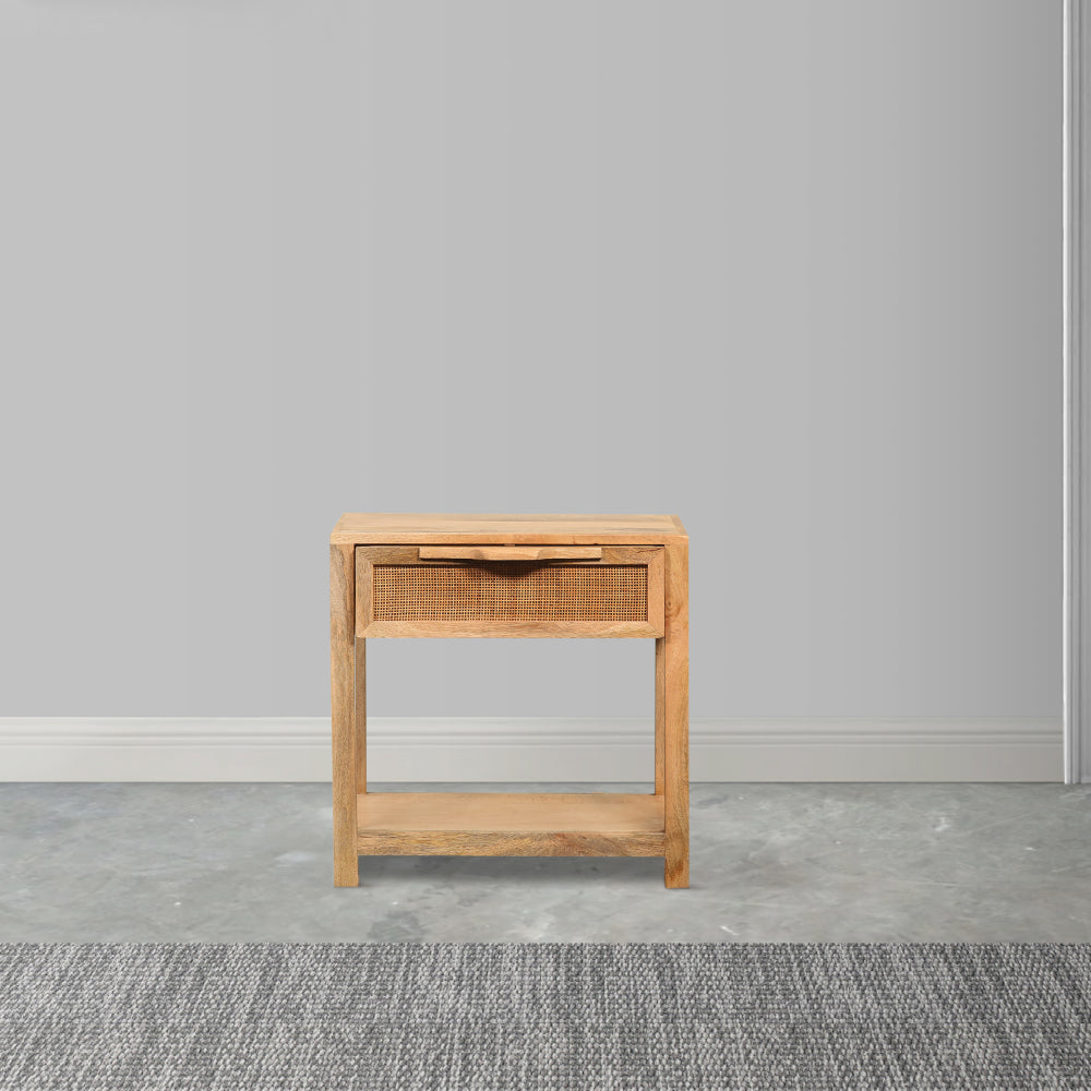 Benjara Rosette 22 Inch Accent Side Table, Rattan Front Drawer, Open Shelf, Natural Brown Mango Wood Frame